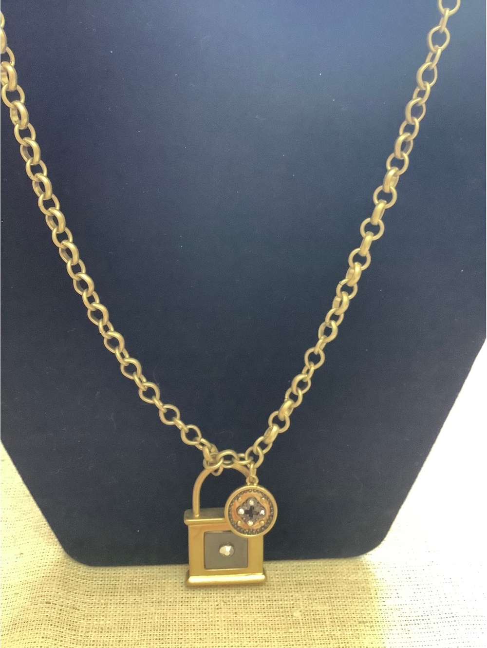 Chico’s Gold Tone Padlock Charm Necklace Rhinestone Crystal Statement Jewelry